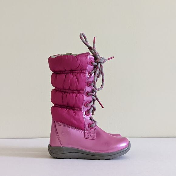 Timberland Girls Sz 7.5 Pink Lace Up Snow Boots Side Zip Leather Winter - Picture 1 of 9